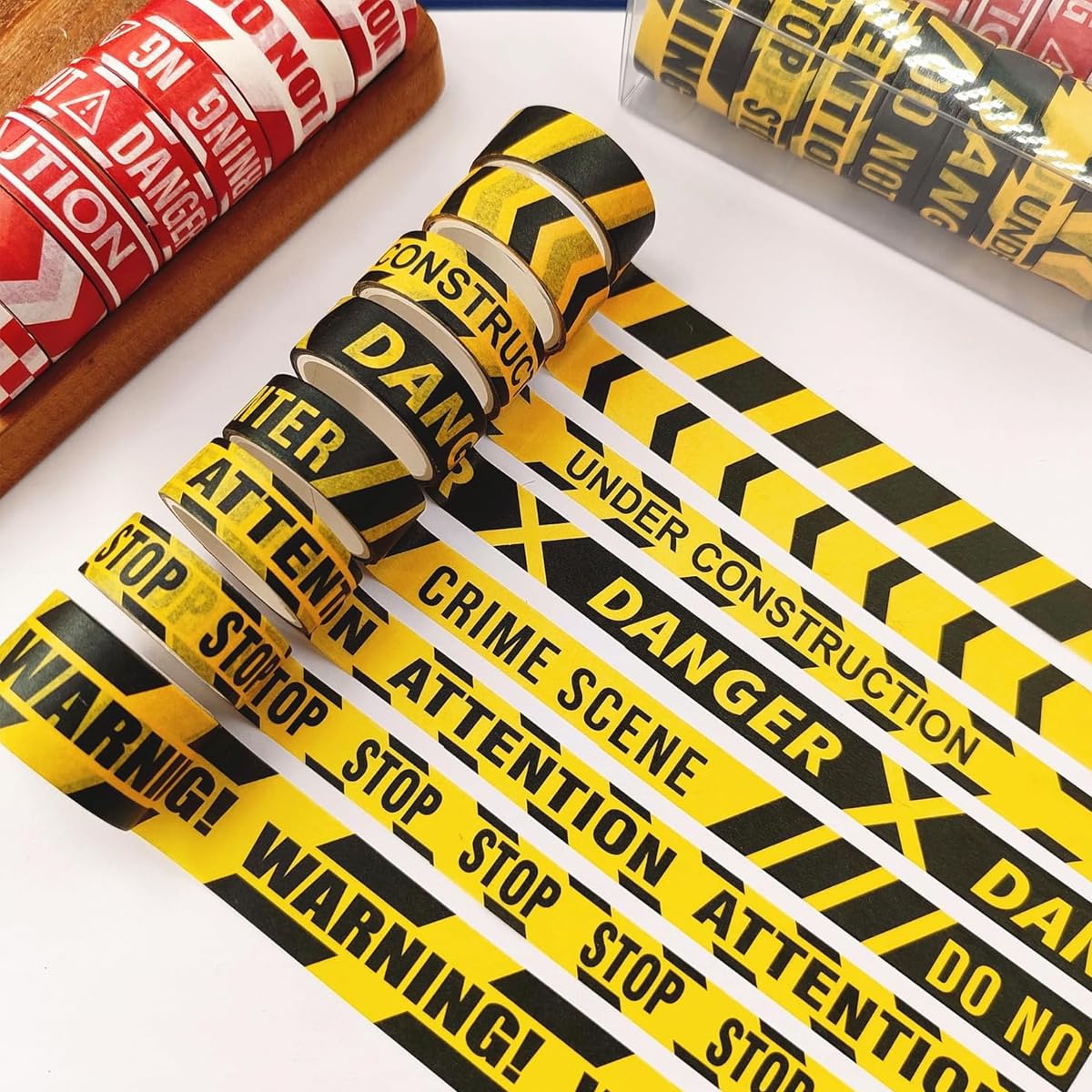 HASTHIP Caution Line Washi Tape Set for DIY Crafts with 16 Rolls and 8 Unique Designs