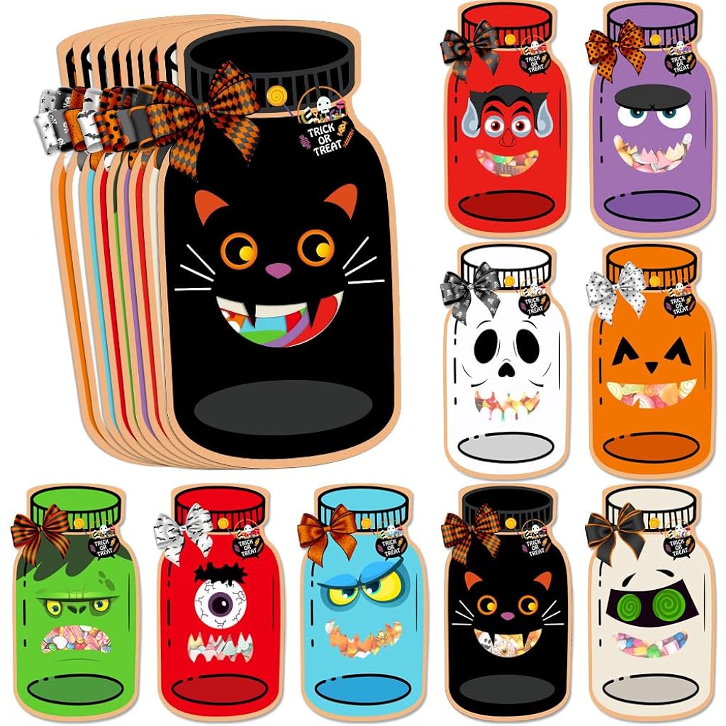 HASTHIP® 18 Set Halloween Treat Bag Fillers with Gift Cards Happy Halloween Mason Jar Candy Holder for Kids DIY Skull Black Cat Candy Card Gifts