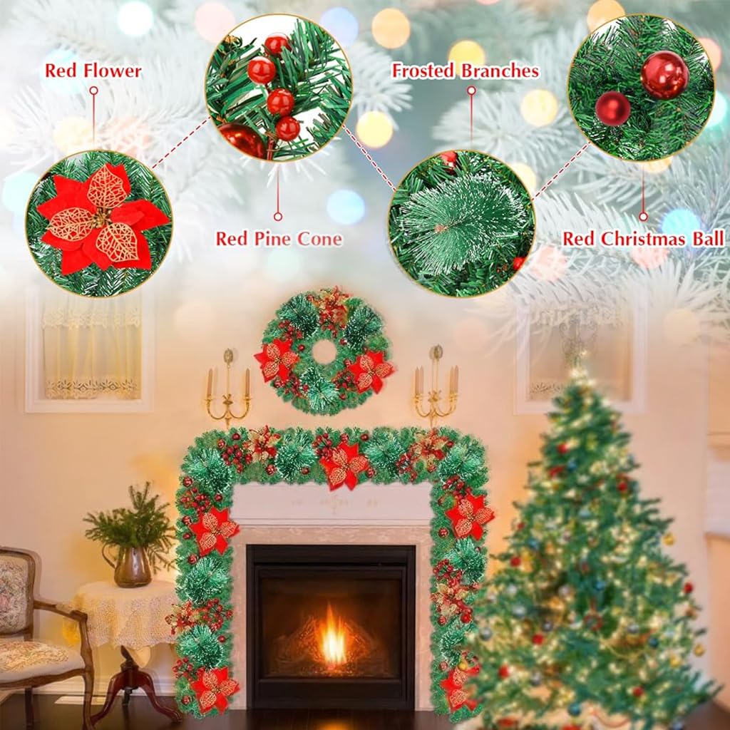 HASTHIP Christmas Garland for Fireplace and Stair Decor with Red Flowers and Berries 106 in | Festive Indoor Outdoor Holiday Decoration
