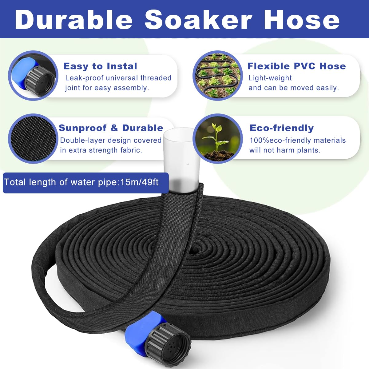 HASTHIP® Garden Hose 49.2Ft PVC Soaker Hose with High Density Polyester Webbing Wrap Universal Garden Soaker Hose Penetration Hose Porous Weep Hose for Gardening, Watering Garden Beds, Irrigation
