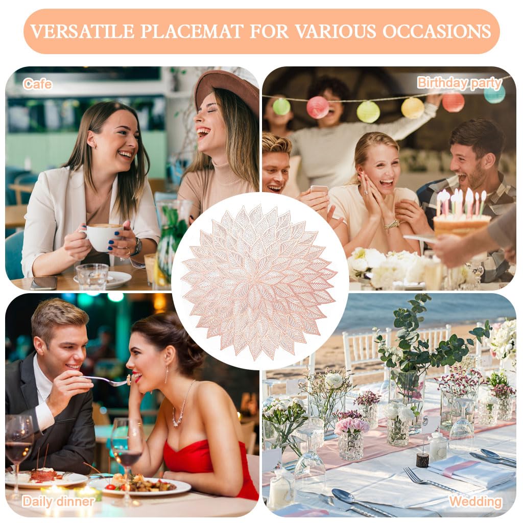 HASTHIP Placemats for Dining Table featuring 15 inch Round Floral Cut Out Design | Gold PVC Set of 6