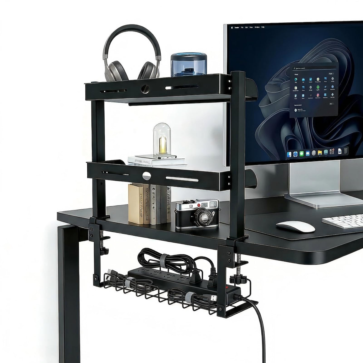 HASTHIP® Estante Organizador de Escritorio de 2 Niveles 17'' con Cesta Almacenamiento Oculta,Bandeja Gestión Cables,Metal Resistente Ahorra Espacio para Oficina y Hogar