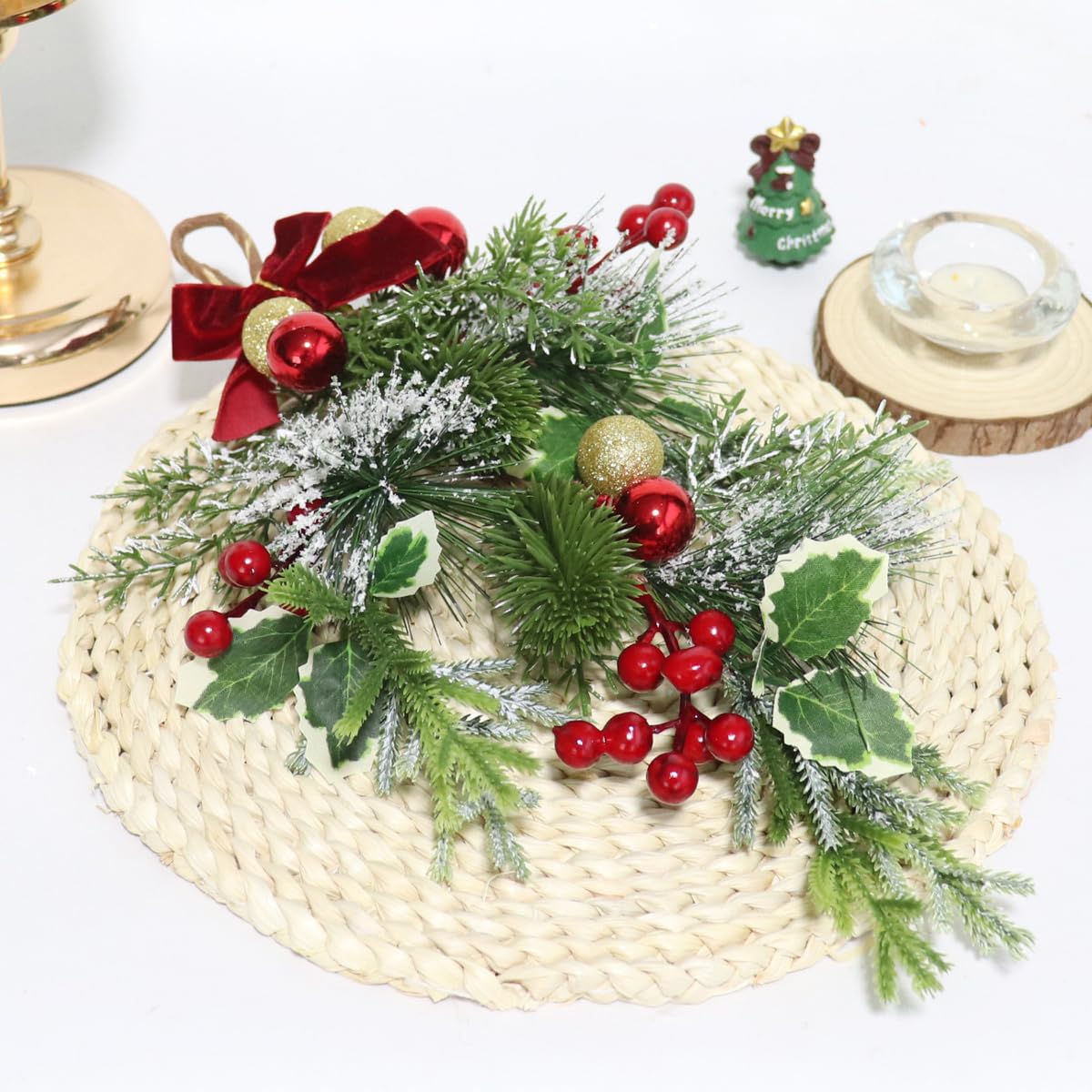 HASTHIP Christmas Teardrop Swag for Door or Wall with Red Bowknot & Berries | 14.9 in Artificial Snow-Dusted Greenery Decor