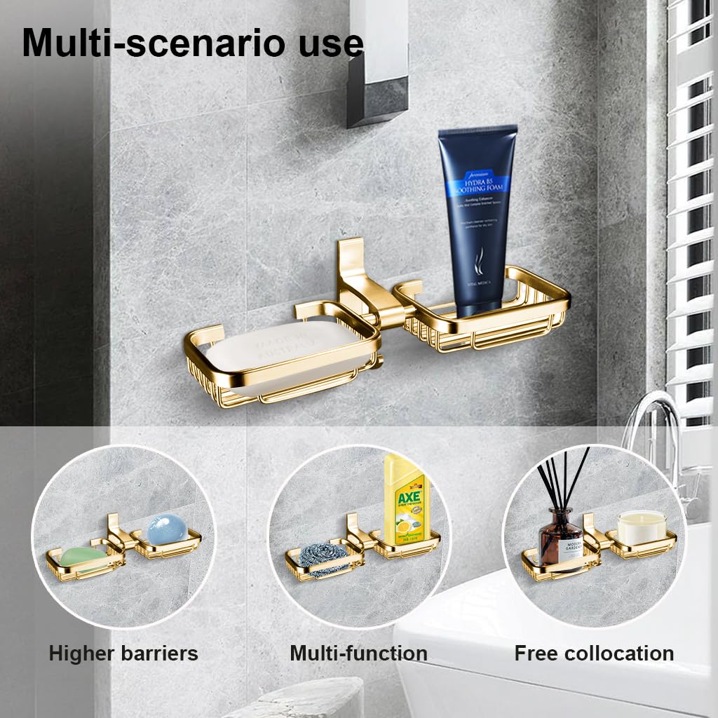 HASTHIP Double Soap Holder for Bathroom featuring Self Draining Dual Slots and Hooks | Golden Aluminum Wall Mount Design