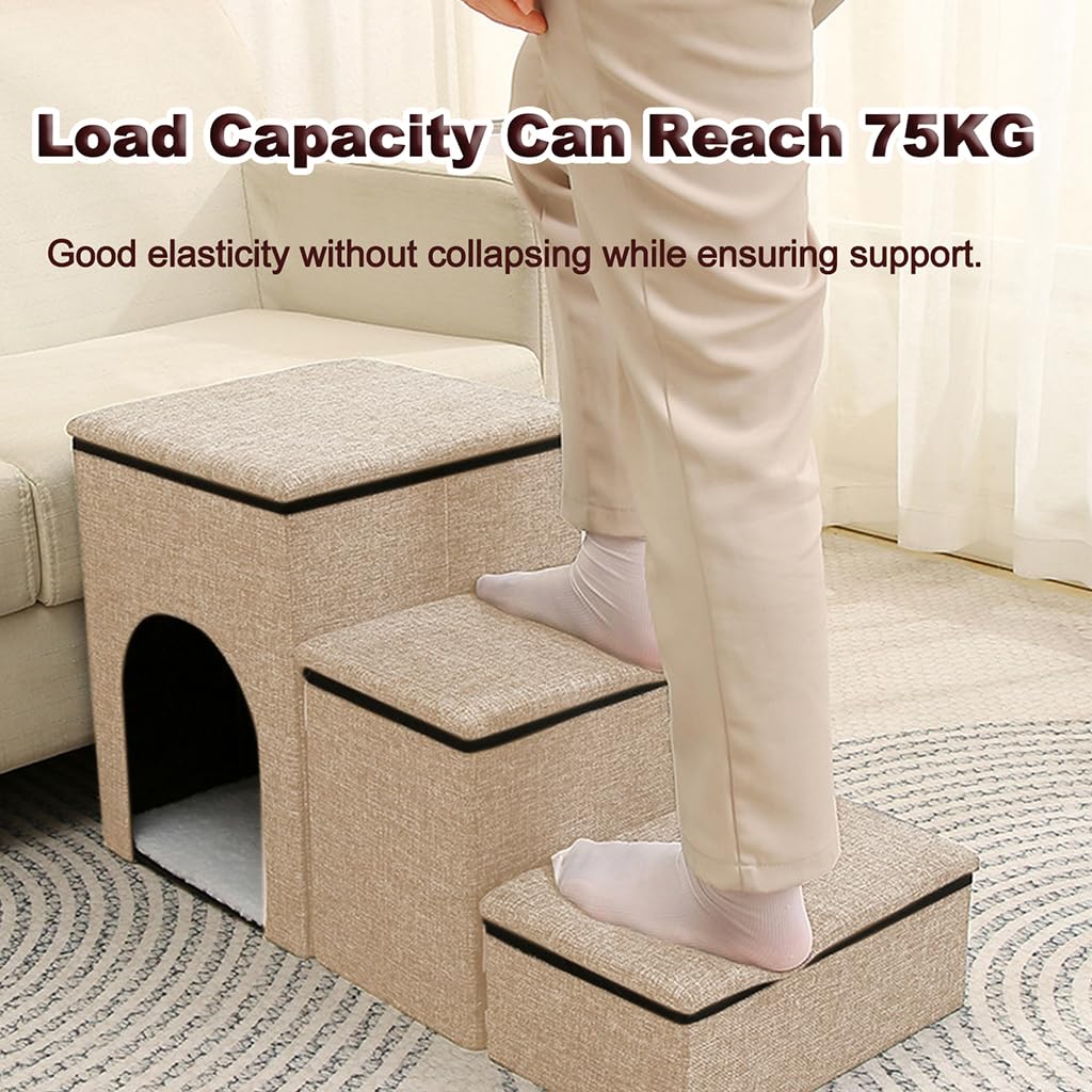 HASTHIP® 3-in-1 Dog & Cat Stairs with Storage, Pet Steps Ramp for Small Dogs & Cats to Bed Couch, Multi-Purpose Pet House with Condo & Play Area, Easy Assembly, Durable Non-Slip Design