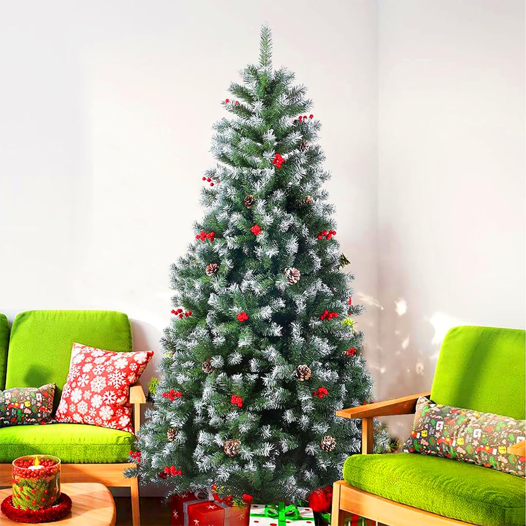 HASTHIP® 150cm Christmas Tree for Home Decor with Snow Flocked Branches, Pinecones & Red Berries, Premium Xmas Trees for Christmas, Office School House Restaurants Store