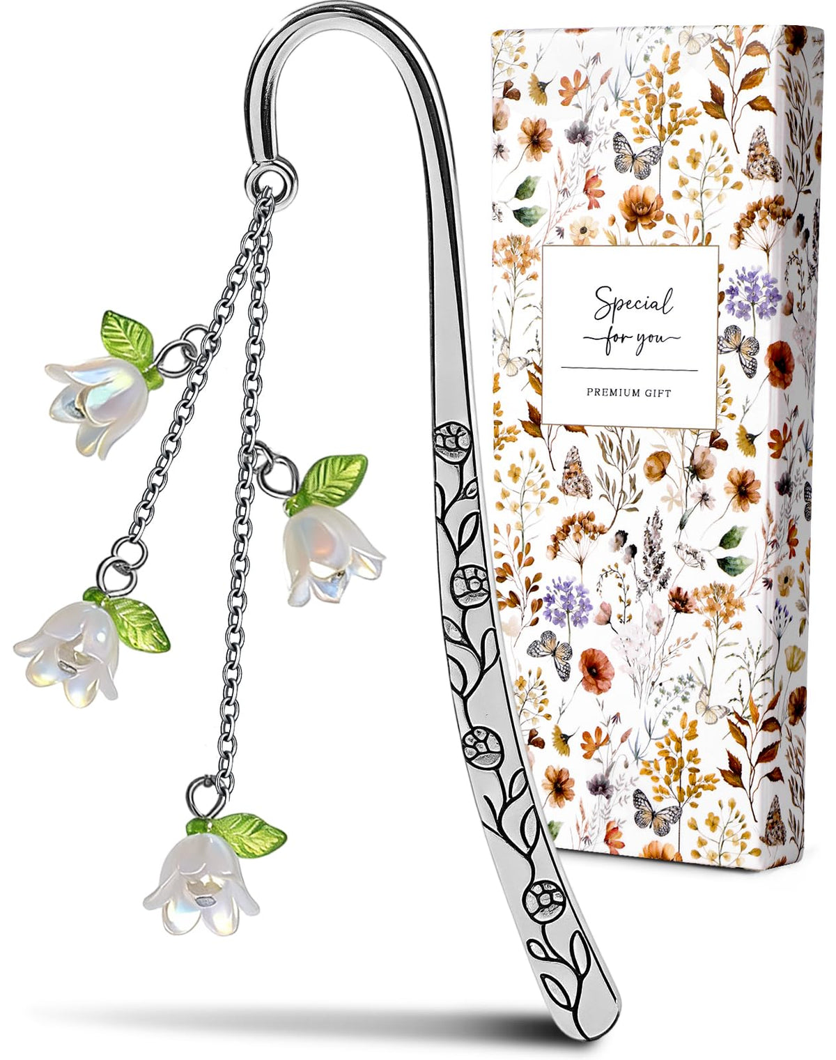 HASTHIP® Bookmarks for Women Reading - Book Marks for Readers Book Lovers, Cute Sliver Lily Floral Personalized Metal Bookmark with Pendants, Pretty and Aesthetic Book Accessories Reading Gifts-Silver