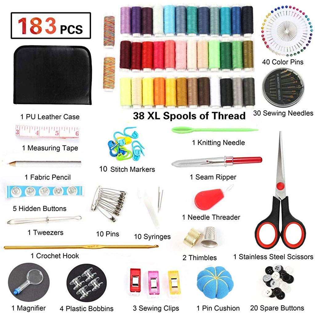 183PCS Handy Sewing Kit Bundle with with 38 XL Thread, All-in-One Portable Sewing Kit with Scissors Thread Needles Tape Measure Carrying Case and Accessories