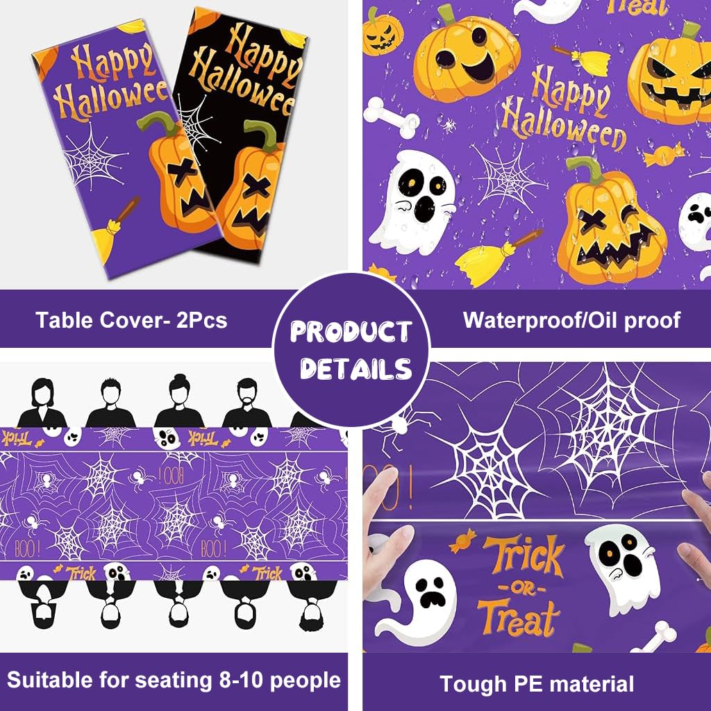 HASTHIP Halloween Tablecloth for Party Decor featuring 130x220cm Waterproof PE Cover | 2 Pack