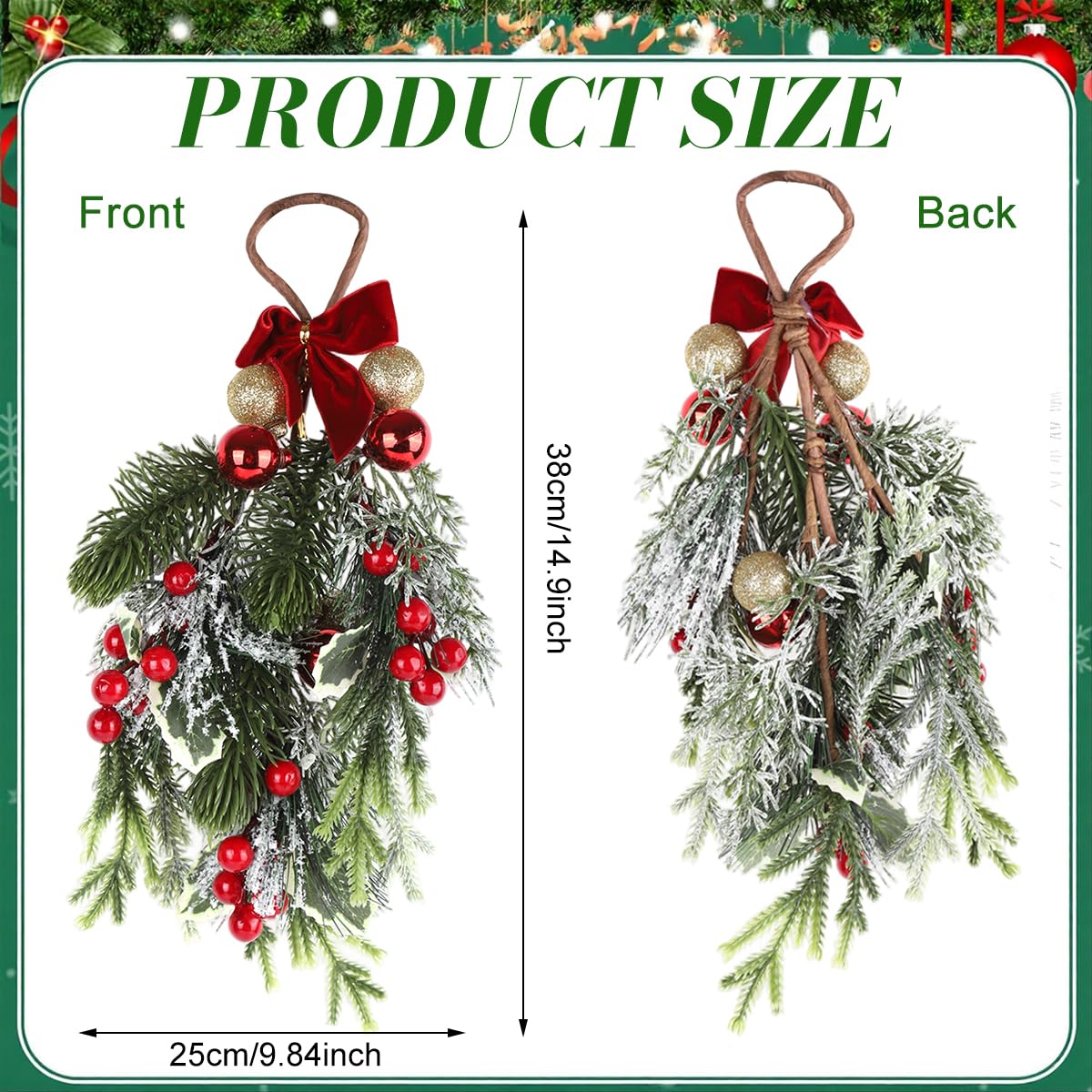 HASTHIP Christmas Teardrop Swag for Door or Wall with Red Bowknot & Berries | 14.9 in Artificial Snow-Dusted Greenery Decor