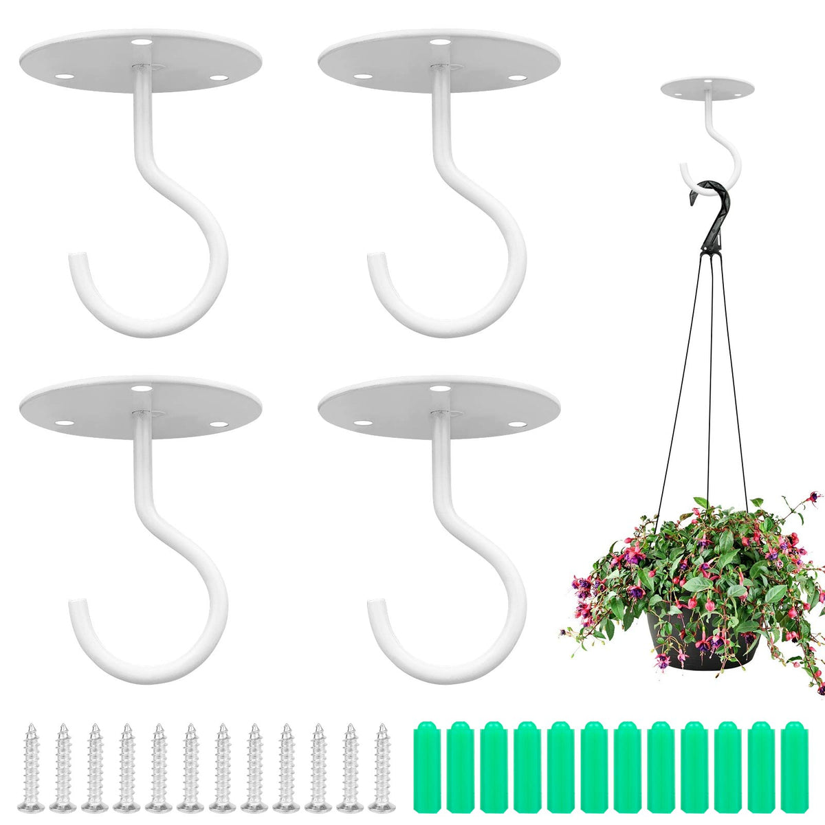 HASTHIP® Ganchos de Techo Metálicos 4pcs para Colgar Macetas y Luces, Soporte de Pared Resistente con Tornillos, Ganchos Multiusos para Interiores y Exteriores (Blanco)