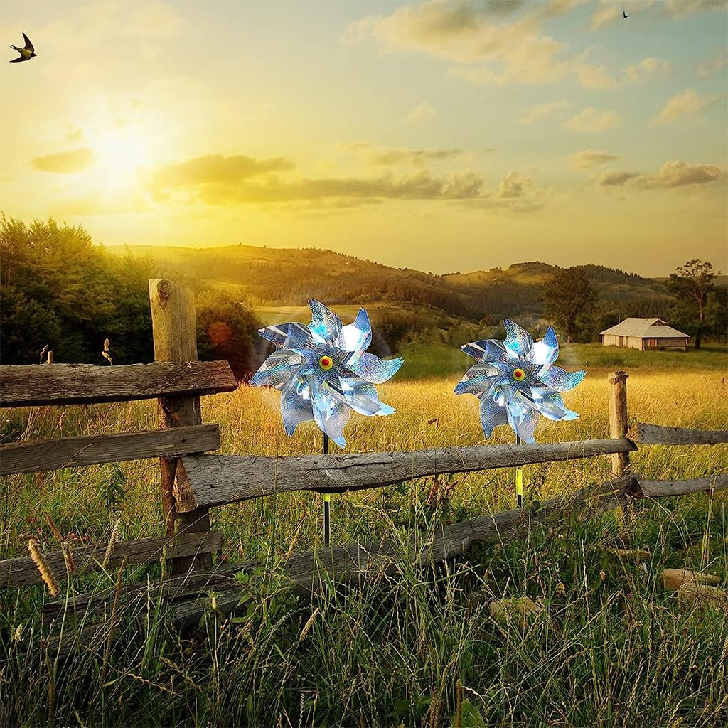HASTHIP® 3Pcs Reflective Pinwheels & 5Pcs 11.8 inches Spiral Anti-bird Spiral Sticks Silver Holographic Pinwheels Decorative Shining Pinwheels for Lawn, Bush, Flowerbed, Tree, Orchard
