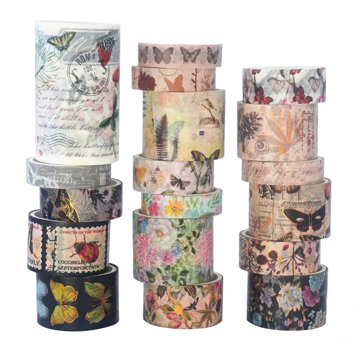 20 Rolls Washi Tape Set - Floral Butterfly Decorative Masking Tape, Adhesive Tape for Bullet Journal Supplies, Junk Journal, Diy Craft, Scrapbooking Supplies, Gift Wrapping, Party Decoration