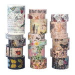 HASTHIP Vintage Washi Tape for Scrapbooking with 18 Rolls 6 Sizes and Gold Silver Foil | Writable Floral Butterfly Design