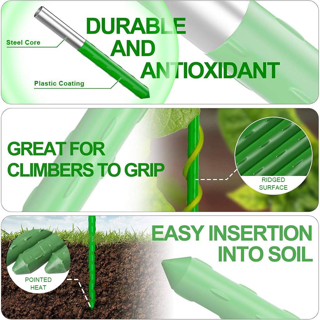 HASTHIP Plant Support Stakes for Climbing Plants featuring 120cm x 8mm Steel Core | Green Rust‑Resistant Rods