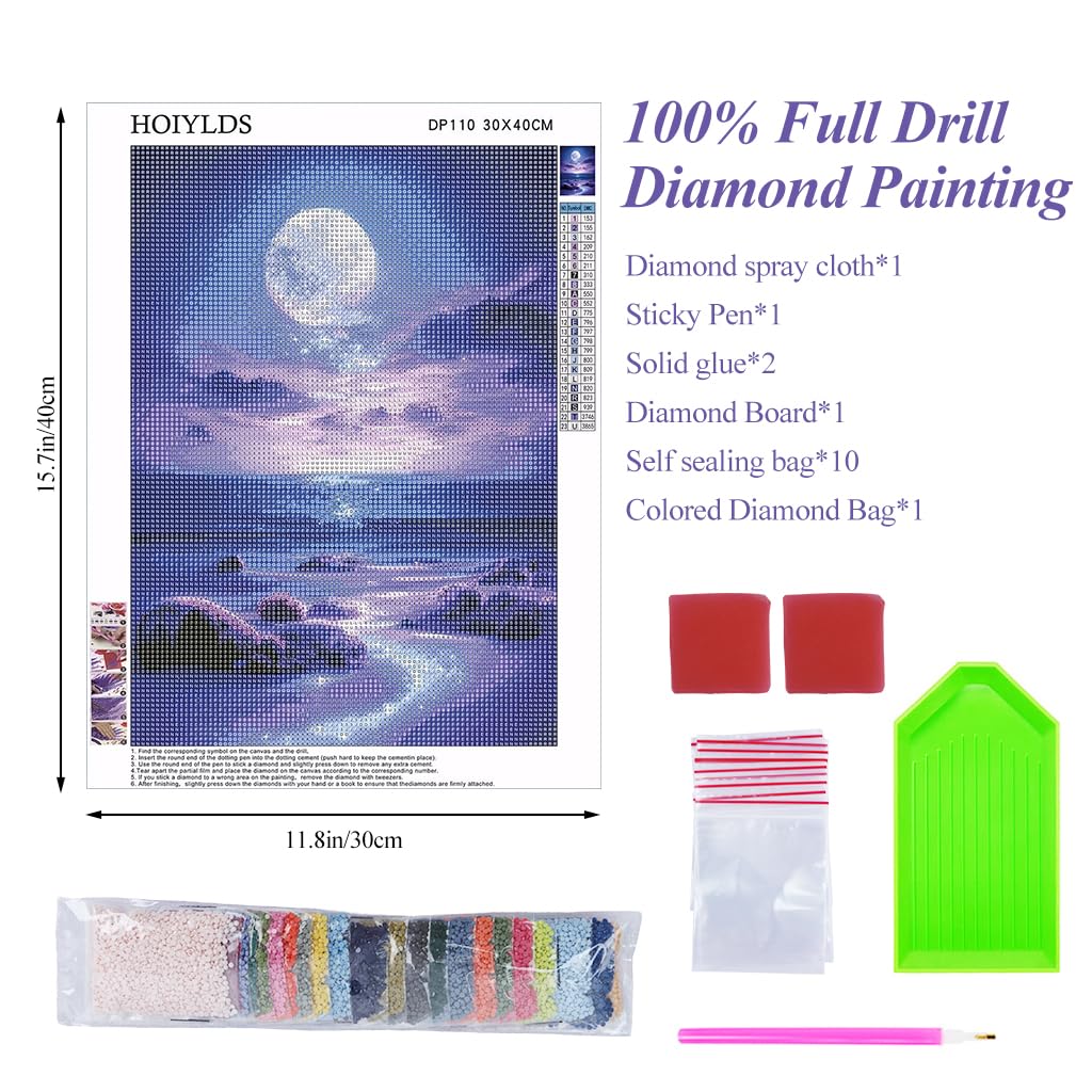 HASTHIP® DIY 5D Diamond Painting Art Kit Dreamy Beach Purple Moonlit Night Diamond Painting Beginner DIY 5D Diamond Painting for Home Decor, No Frame Wall Decor 5D Diamond Painting, 12 x 16 Inch