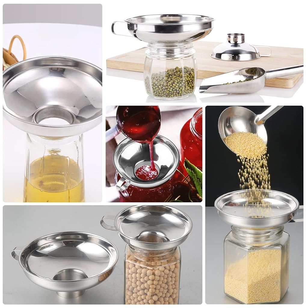 HASTHIP® Canning Funnel for Kitchen Use with Handle Multipurpose 304 Stainless Steel Wide Mouth for Mason Jars Oil Dispenser Large Funnels 5.8X2.3inch 3PCS