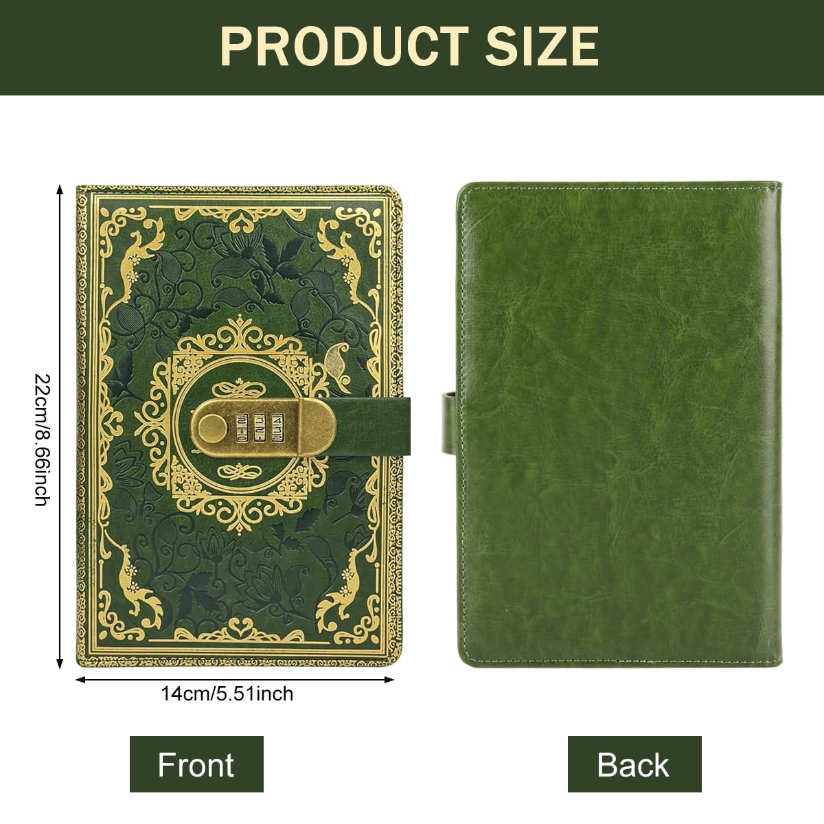 HASTHIP® Vintage Leather Journal Notebook with Combination Lock, A5 Refillable Embossed Flower Writing Diary with Lined Paper, Secret Notebook for Women Girls Kids, Retro Gift Idea (Green)