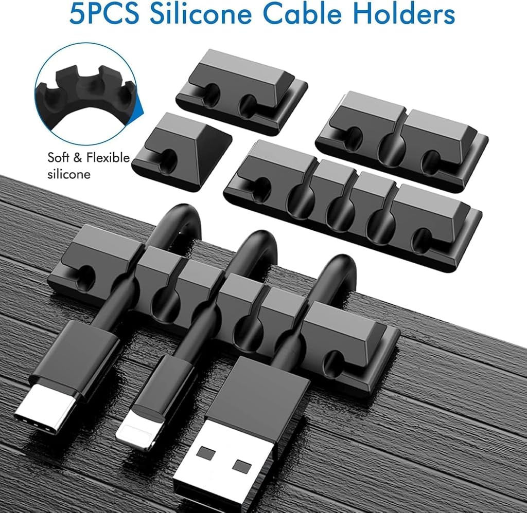 HASTHIP® Cable Management Kit |146Pcs Tidy for Home Office Under Desk- 100 Wire Organizer Ties, 5 Upgrade Silicone Holder, 2 Sleeve, 28 Adhesive Clips, 1 Roll Organiser Straps etc, Black