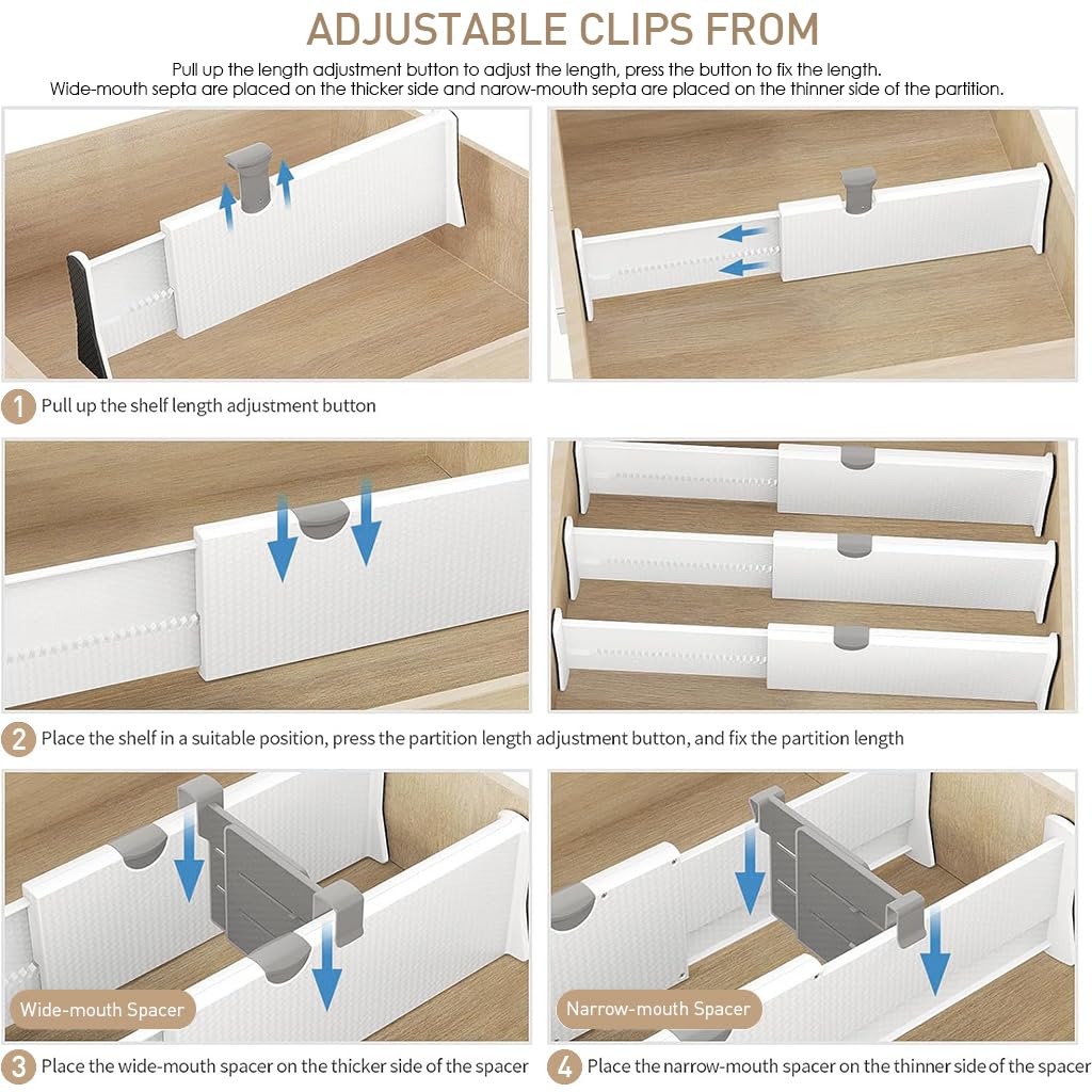 HASTHIP Expandable Drawer Dividers for Kitchen and Wardrobe Organization with Anti-Slip Pads | Adjustable 11.1–17.3 in ABS Set