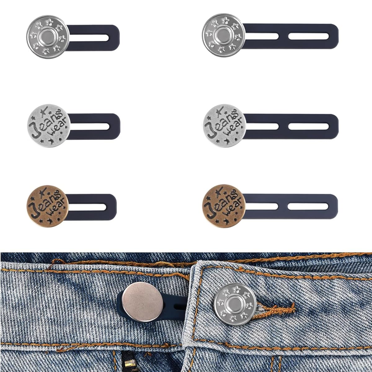 HASTHIP Jeans Waist Adjusting Buttons for Easy Fit with Silicone Strips | 6Pcs Metal Set