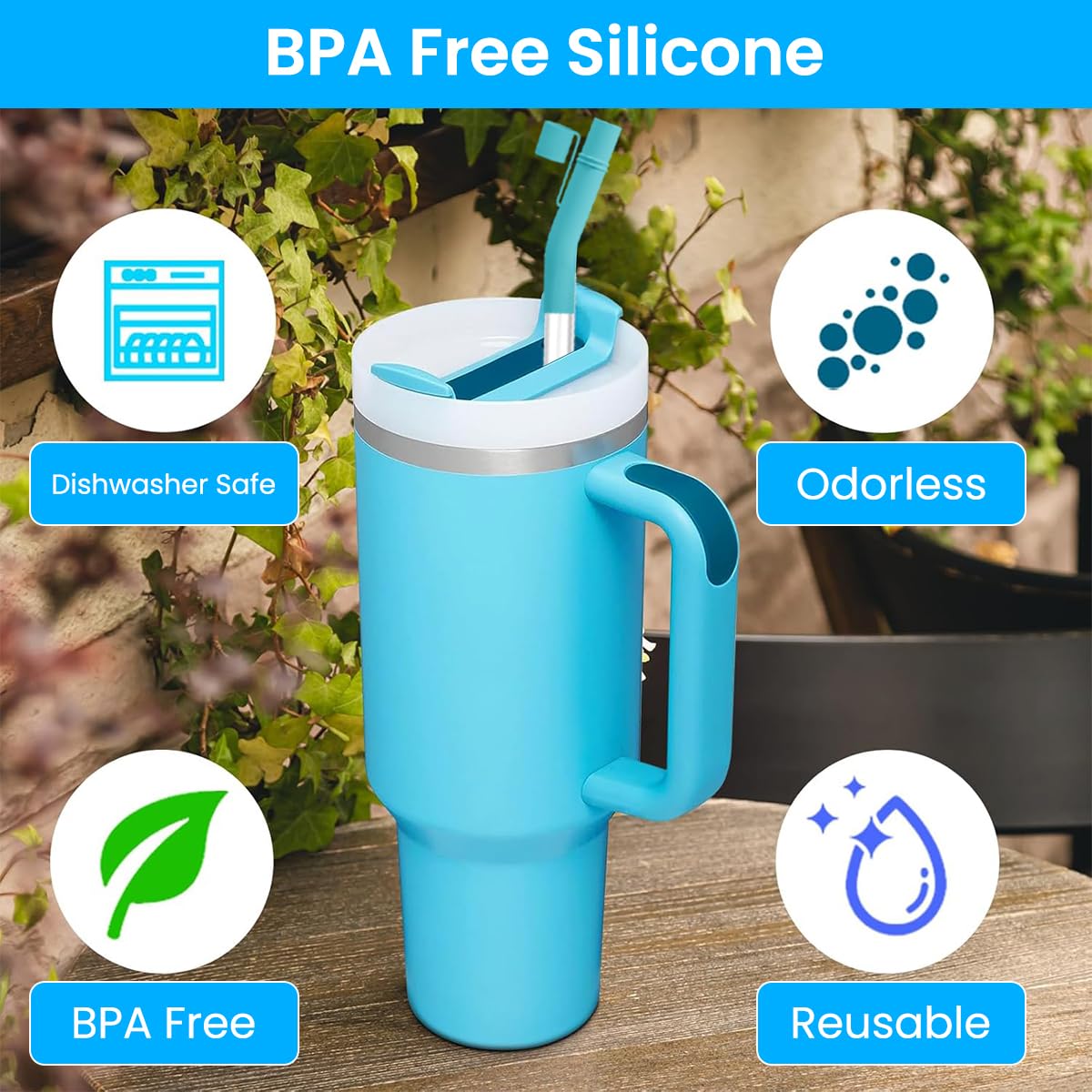 HASTHIP Silicone Straw Extenders for 8–10mm Straws with Dustproof Cap and 2 Cleaning Brushes