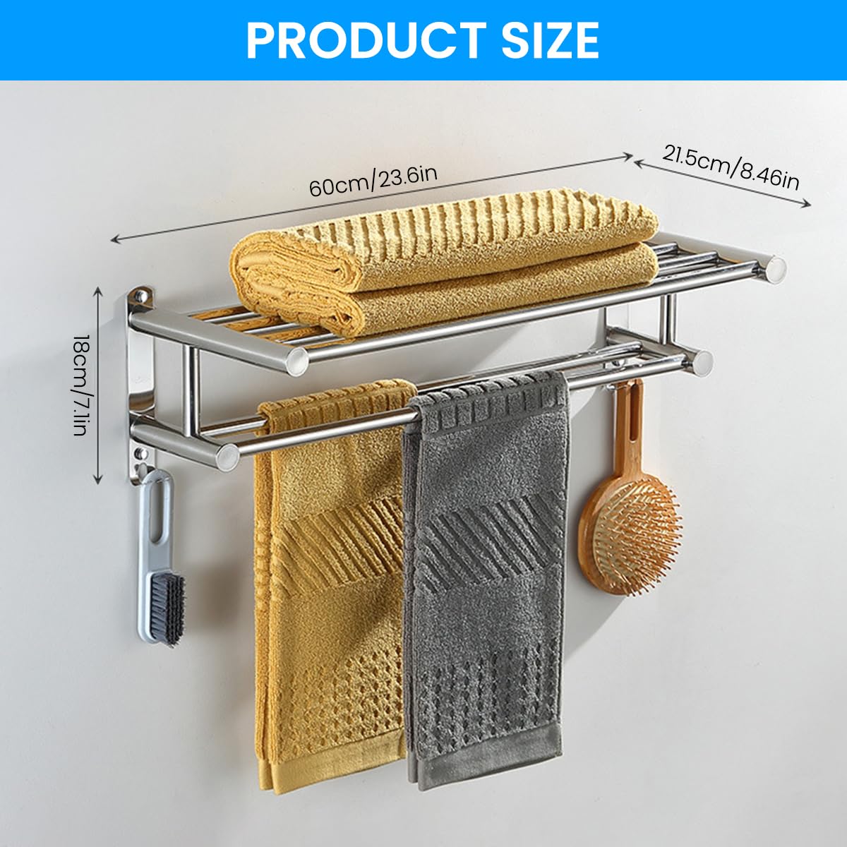 HASTHIP Bath Towel Rack for Bathroom with Double Layer 23.62 in Shelf and Sliding Hooks | 304 Stainless Steel No Drill Wall Mount Organizer