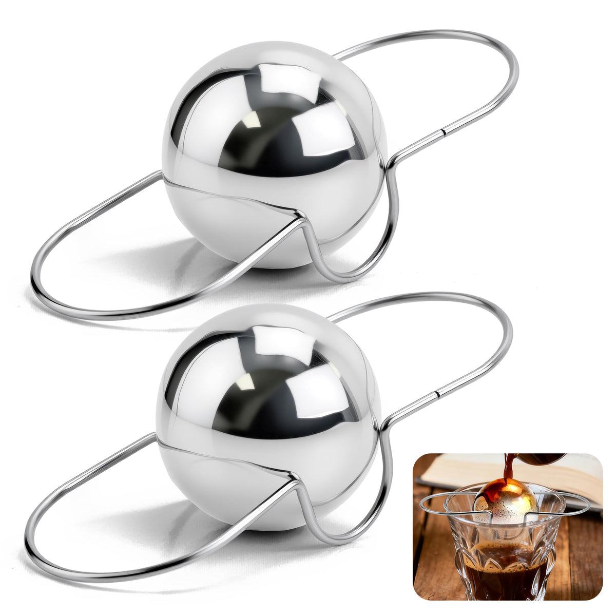 HASTHIP® 2 Pack Espresso Cooling Ball, Stainless Steel Frozen Ice Rock for Coffee, Espresso Accessories Extract Brew Chilling Tool Chiller Gift for Birthday, Valentine's Day, Christmas-Silver