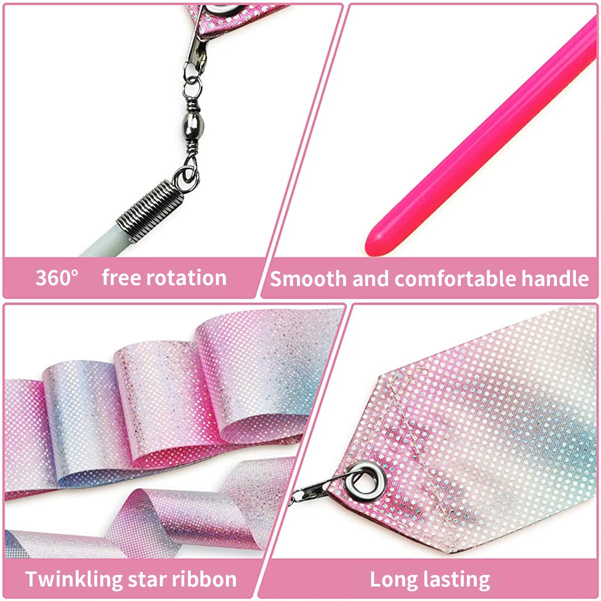 HASTHIP Sports Ribbons with Sticks for Rhythmic Gymnastics featuring 2 m Streamers | Polyester Glitter Pink Design for Kids Dance