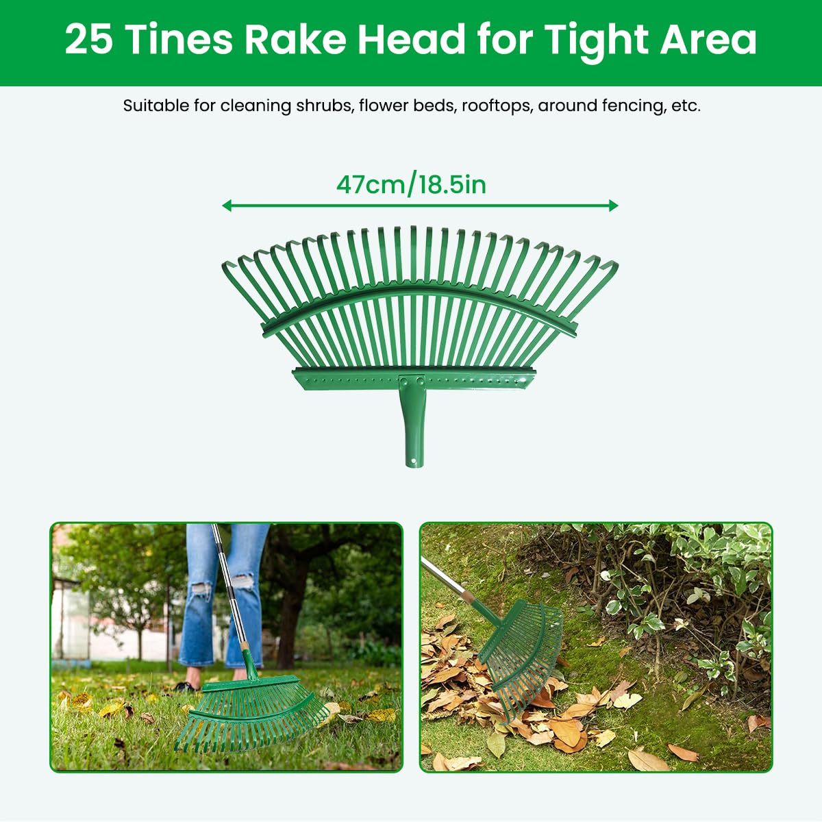 HASTHIP Leaf Rake for Backyard with 25 Curved Steel Teeth and 55 in Detachable Handle | Stainless Steel Lawn Tool