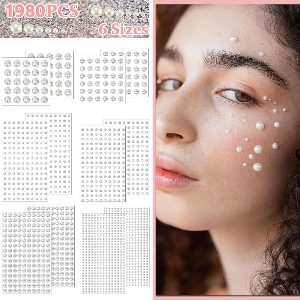 HASTHIP® 1980 Piezas Pegatinas de Perlas Autoadhesivas, Gemas Decorativas para Manualidades, Uñas, Cara, Cabello, Ojos, Maquillaje y DIY, Variados Tamaños y Blanco Brillante