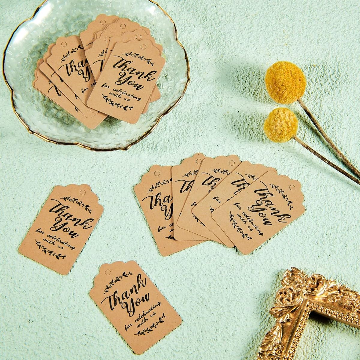 HASTHIP® 100Pcs Thank You Tags for Token Gifts 1.2x2 inches Hard Paper Made Gratitude Label Tags with A Roll of Hemp Lines Gift Packing Tags for Token Gift, Return Gifts, Wedding Token Gift