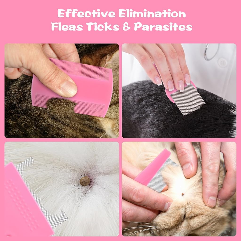 HASTHIP® 6 PCS Flea Comb for Dogs and Cats, Stainless Steel Dog Cat Grooming Combs, Fine & Wide Tooth Lice Comb, Tick Removal Tool, Tear Stain Remover, Dematting Brush, for Small, Medium Pets, Pink