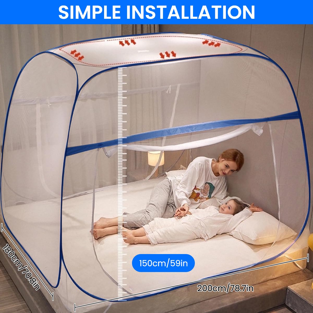 HASTHIP Pop Up Mosquito Net Tent for Double Bed with Dual Zip Doors and Mattress Straps | 6.6x5.9ft Breathable Mesh