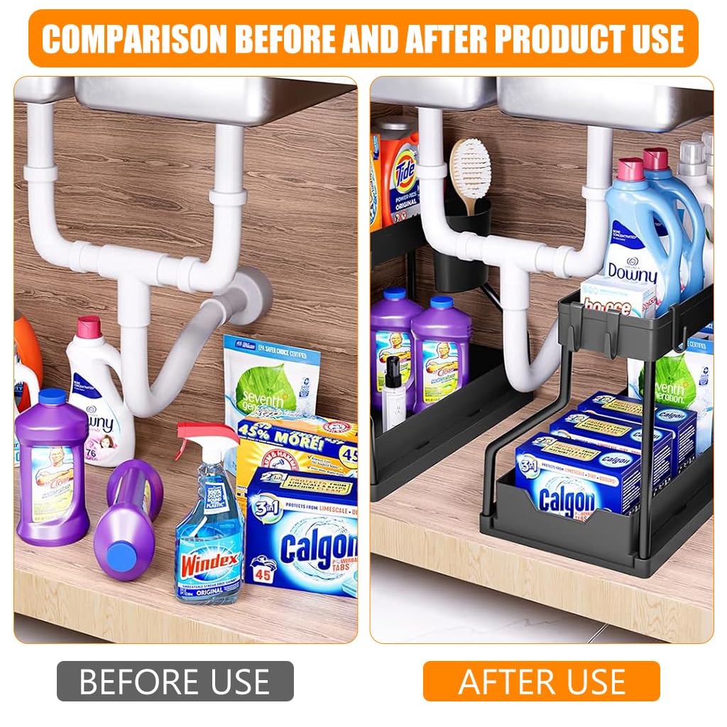 HASTHIP Double Layer Kitchen Organizer for Small Kitchens with Sliding Drawer Rack and Hooks