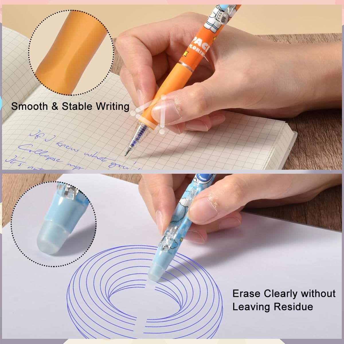 HASTHIP Erasable Pens for Writing and Drawing with 0.5mm Fine Tip & Thermo Sensitive Ink | Featuring Rubber Grip and Cartoon Design