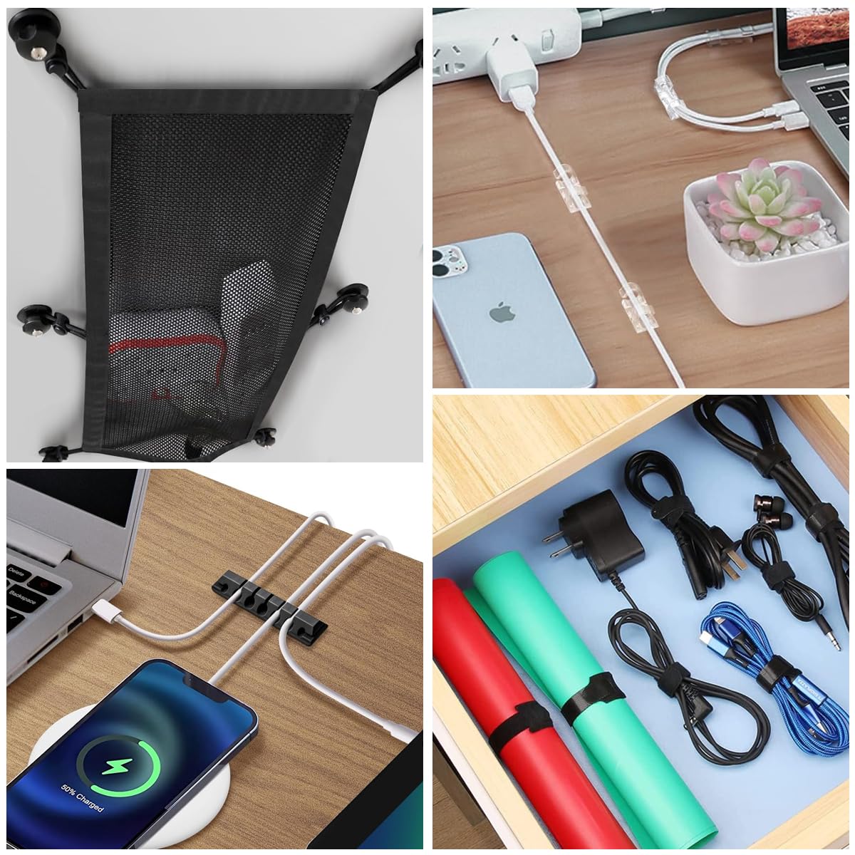 HASTHIP Under Desk Organizer Mesh Net for Cable Management featuring Six Drawstrings and 20x10 in Nylon Storage | Ideal for Home Office