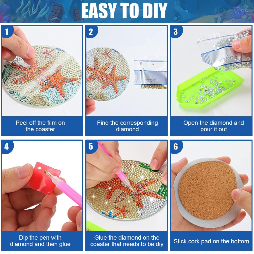HASTHIP Diamond Painting Coaster Kit for DIY Crafts with Holder and Cork Base 8 Pcs Acrylic | Fun Gift for Adults and Kids
