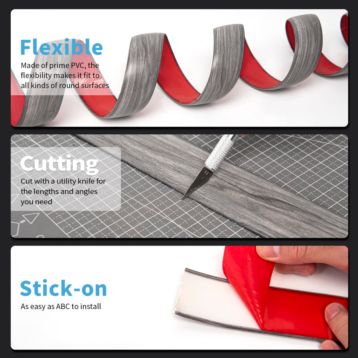 HASTHIP Floor Transition Strip for Joining Gaps and Carpet Thresholds 47.2 x 1.57 in Gray 3PCS | Scratch‑Resistant PVC Self Adhesive Design