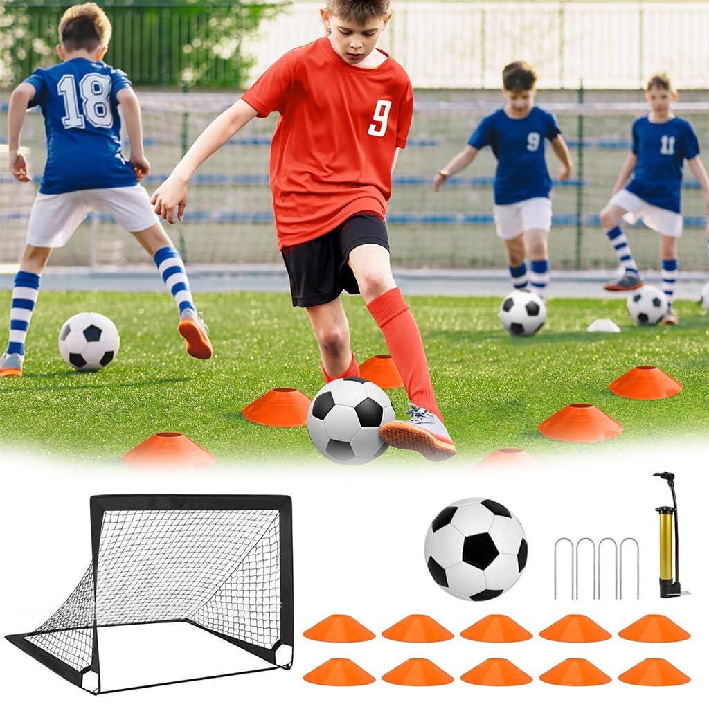 HASTHIP® Football Goal Net Kit for Kids, Football Training Goal Target Net with Inflatable Soccer Ball, Inflator Pump, Ground Stakes, Training Cones, Black Training Cone Marker 47x37x35 Inch