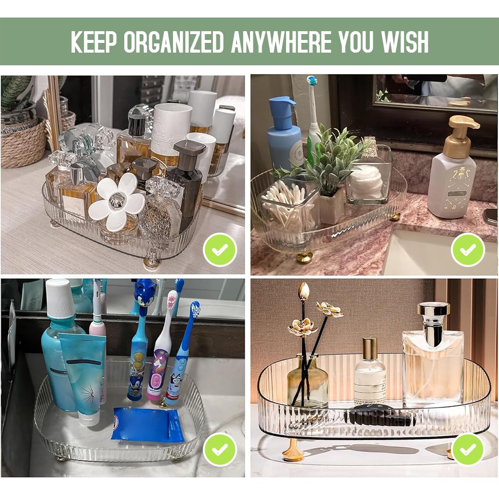 HASTHIP Perfume Organizer for Bathroom and Vanity with Golden Feet 27x18x6.5cm | Clear PET Tray