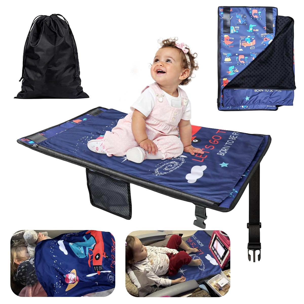 HASTHIP Toddler Airplane Bed 17.5x31.5 in for Travel with Zip Off Blanket and Side Pocket | Cartoon Design for Kids