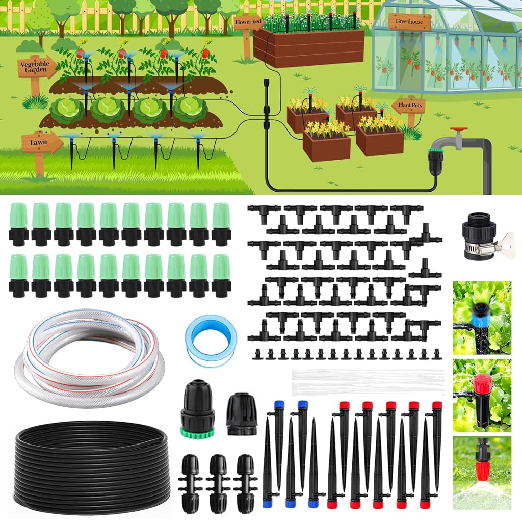 HASTHIP® Slow Irrigation System Kit, 40m /131ft Narrow Pipe Slow Irrigation Kit, with 2m/6.6ft Water Pipe, 35 Porous Spray Drippers, DIY Mist Watering Kit for Lawn, Garden, Green House