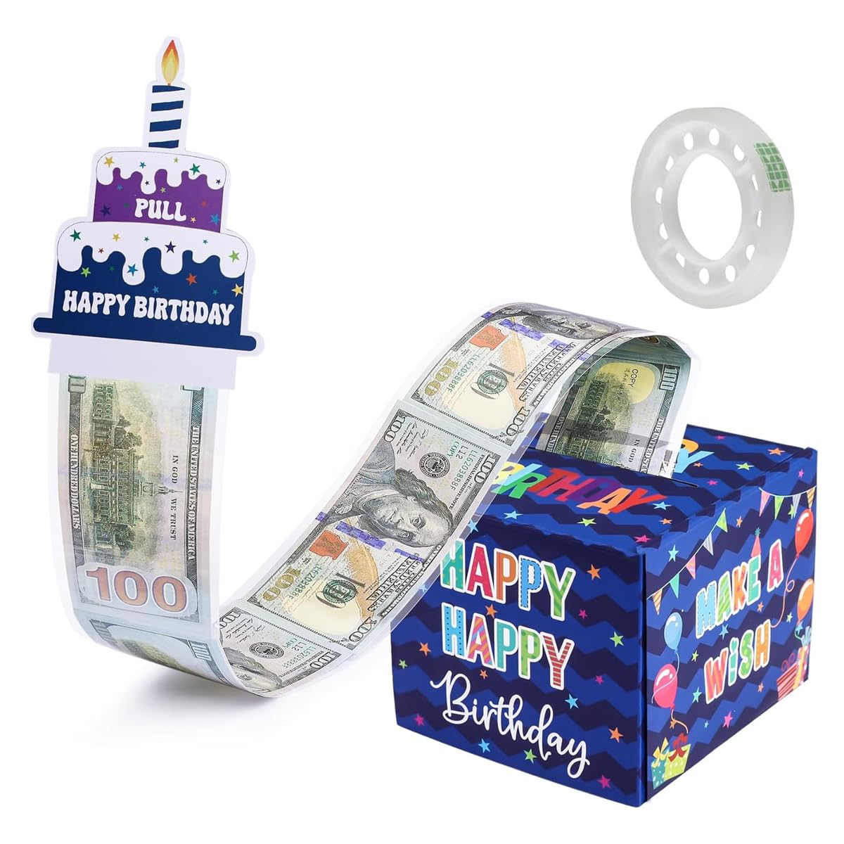 Birthday Money Box for Cash Gift, Surprise Money Pull Out Game for Parties, Pull Out Happy Birthday Day Card and 100Pcs Transparent Bags, Fun Ways to Give Cash as A Gift