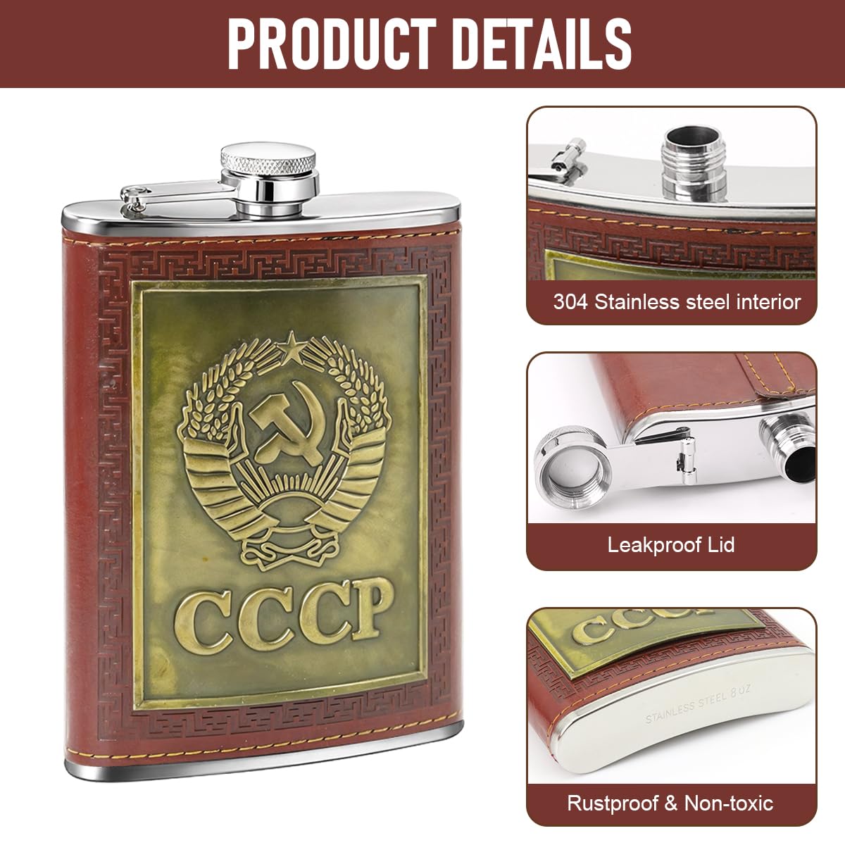 HASTHIP Whisky Flask Gift Set for Men with 8 oz CCCP Embossed PU Finish | Stainless Steel Accessories