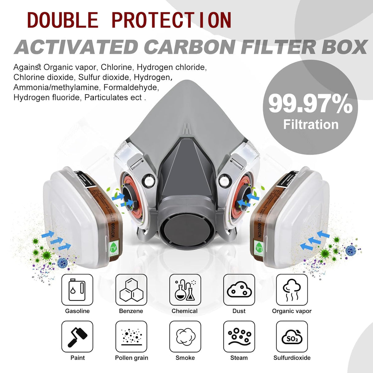 HASTHIP® Respirator Mask Reusable Half Face Gas Cover 6200 Half Facepiece Reusable Respirator with Anti-Fog Safety Goggle, for Painting, Organic Vapor, Welding, Polishing, Woodworking