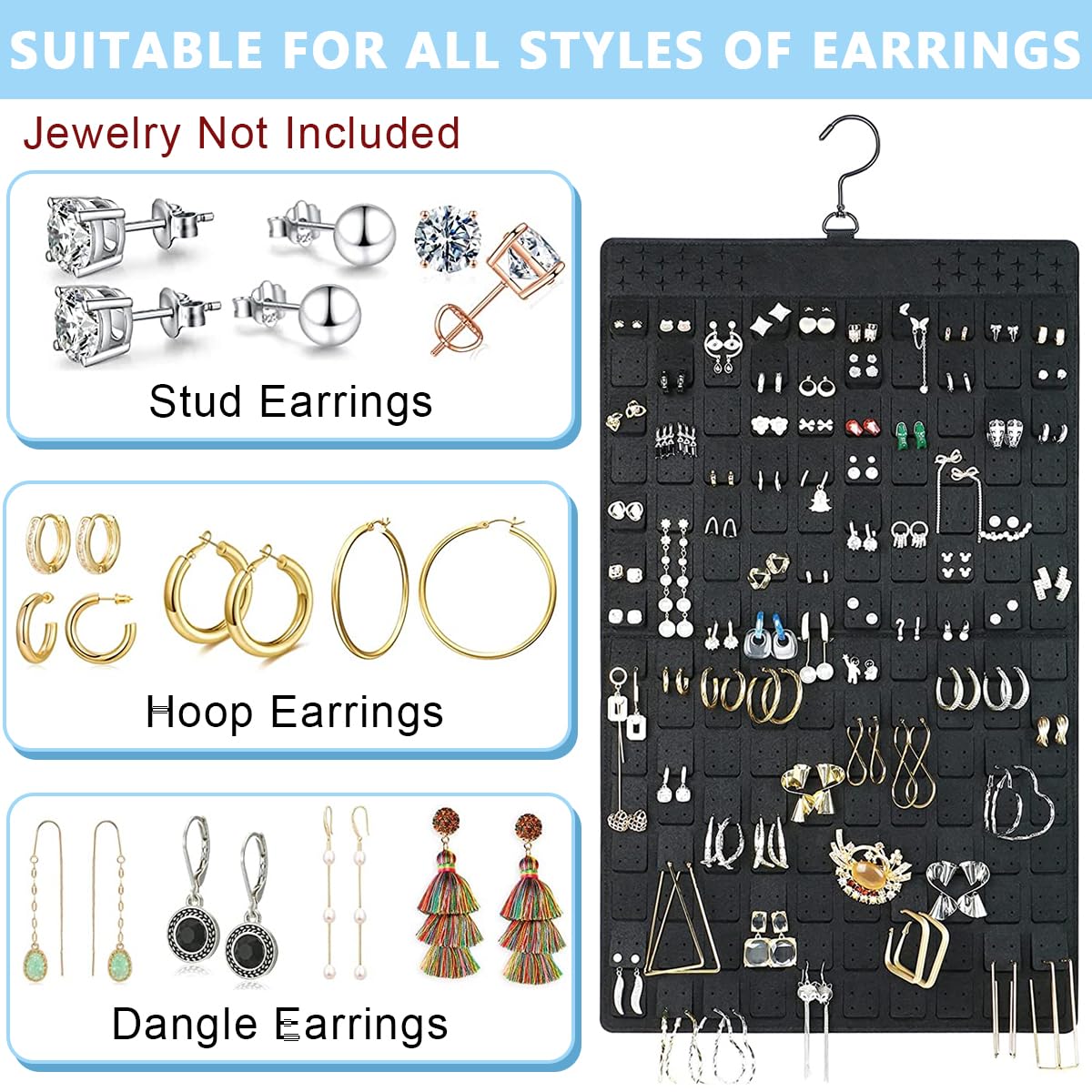 HASTHIP Hanging Jewellery Organizer for Closet and Wall with Dual Sides | Holds 300 Pairs and 30 Necklaces Black