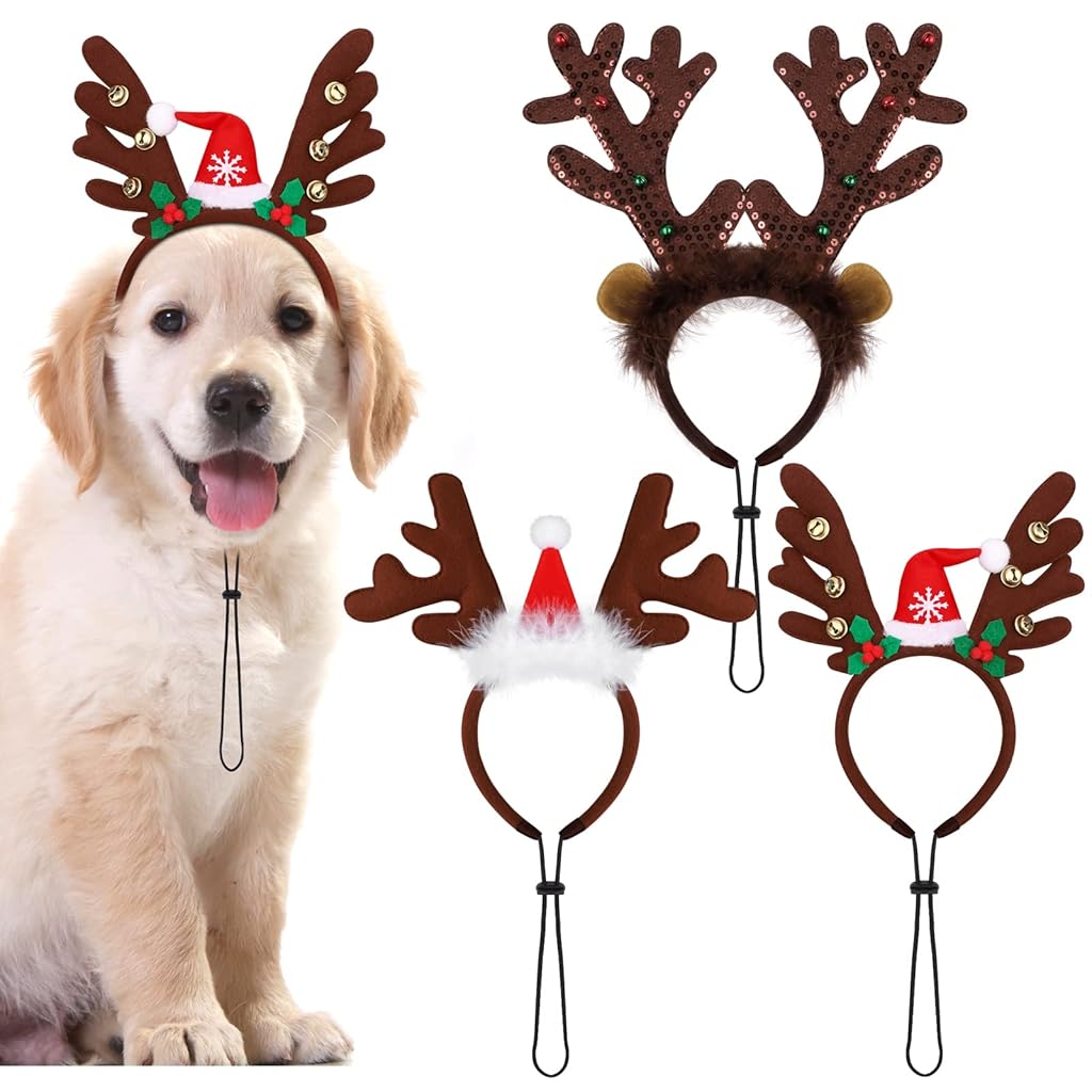 HASTHIP® Christmas Pet Headwear Christmas Dog Cat Costume Hat, Holiday Santa Reindeer Antlers Headband, Festive Puppy Kitten Xmas Party Accessories, Funny Pet Cap for Small Medium Large Dogs Cats