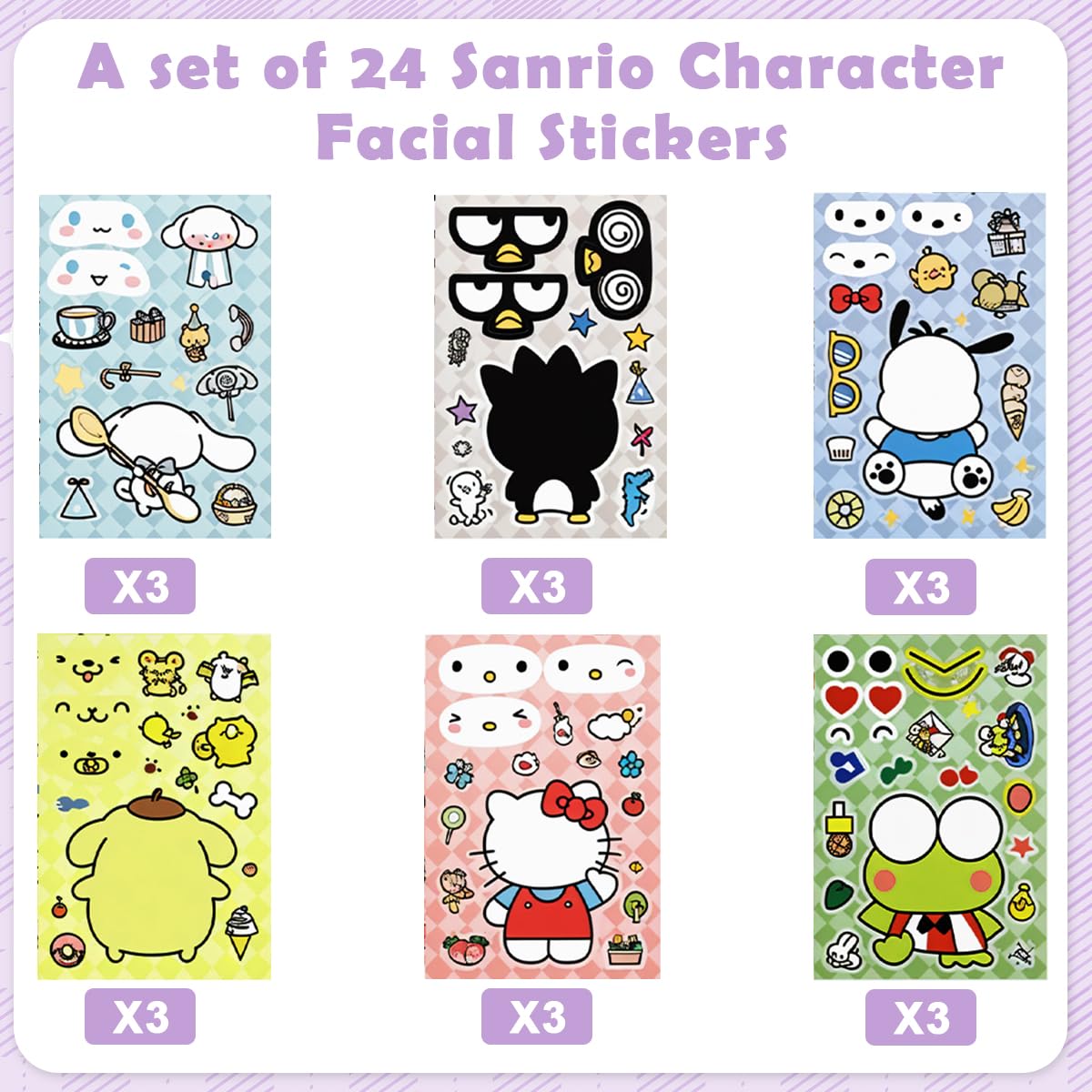 HASTHIP Kawaii Stickers Set 24 Pcs for DIY Sanrio Face Art with Waterproof PVC | Multicolor 10 cm