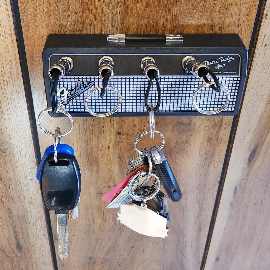 HASTHIP Guitar Amp Key Holder for Music Lovers with 4 Plug Keychains and Wall Mount Kit | 21.5x4.5x9cm Black